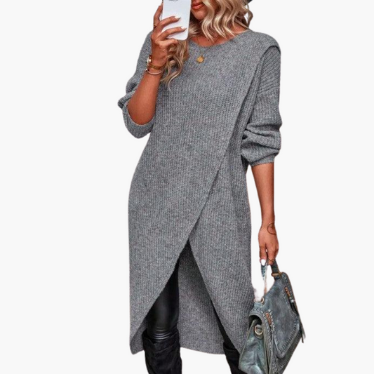 Warm Grey Sweater Dress for Women with Round Neck Long Sleeve Knit Wrap Front Tunic Style