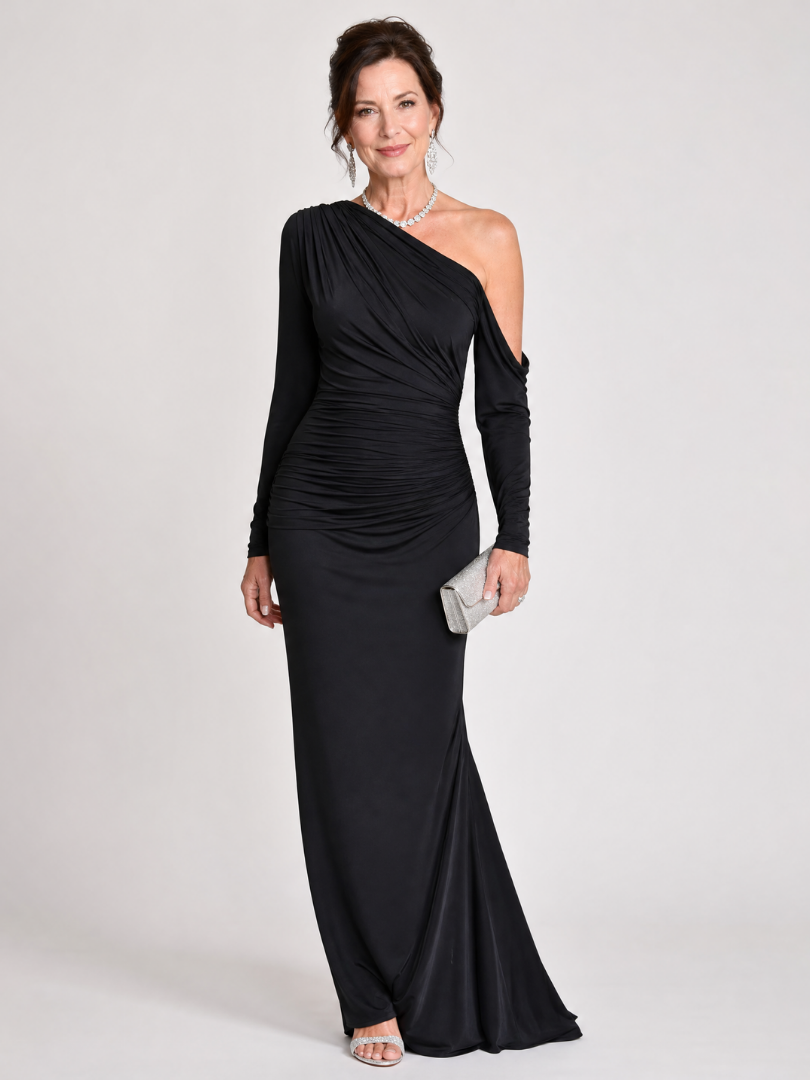 Elegant Black Maxi Dress for Women with One Shoulder Long Sleeve Ruched Mermaid Formal Style