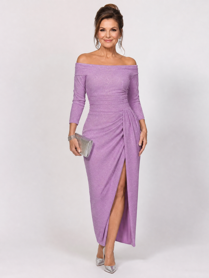 Elegant Shimmer Maxi Dress for Women with Off Shoulder Bracelet Sleeve Ruched Slit Formal Wedding Guest Style