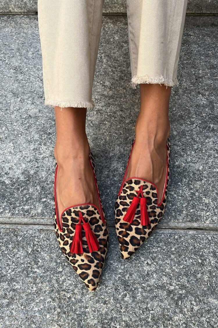 Elegant Leopard Print Tassel Loafer Mule for Women with Pointed Toe Red Trim Slip On Style
