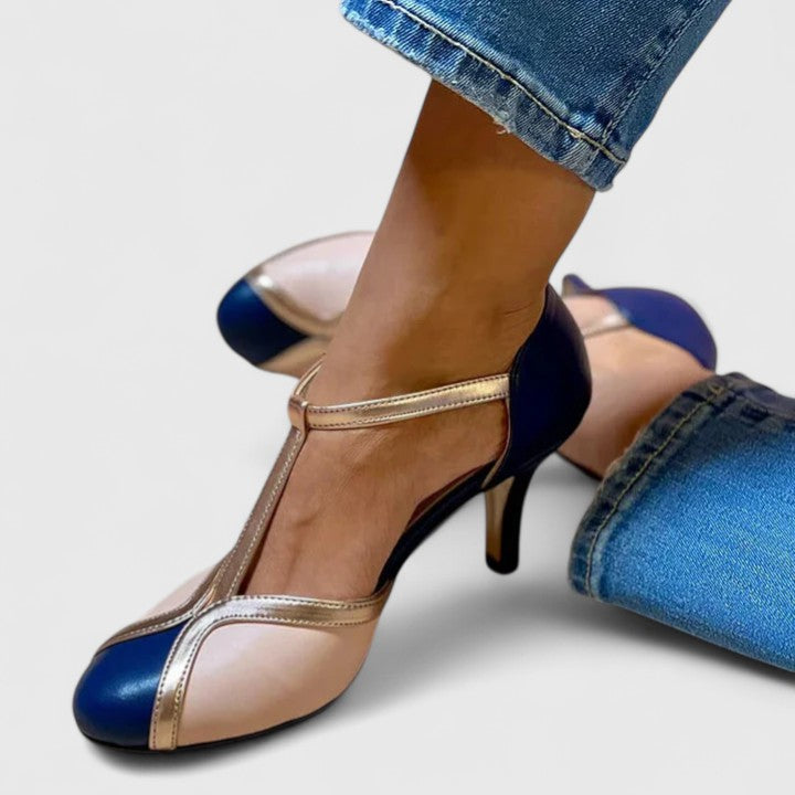 Elegant Color Block T-Strap Sandal for Women with Metallic Trim Buckle Ankle Kitten Heel Style