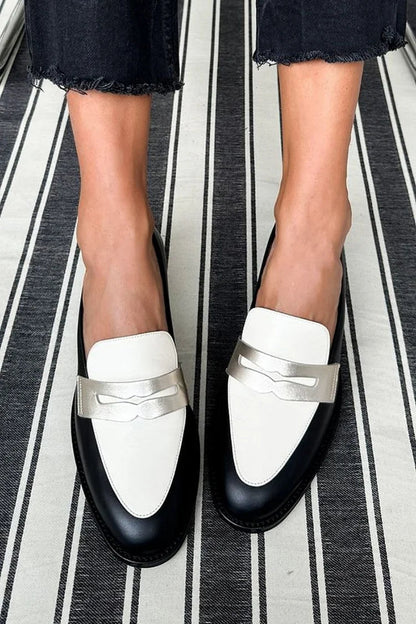 Elegant Black and White Leather Loafer for Women with Silver Buckle Pointed Toe Block Heel Style