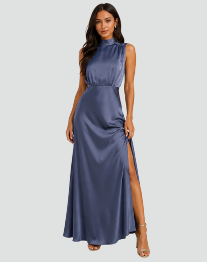 Elegant Satin Cocktail Dress for Women with Mock Neck Sleeveless High Slit Flowing Style