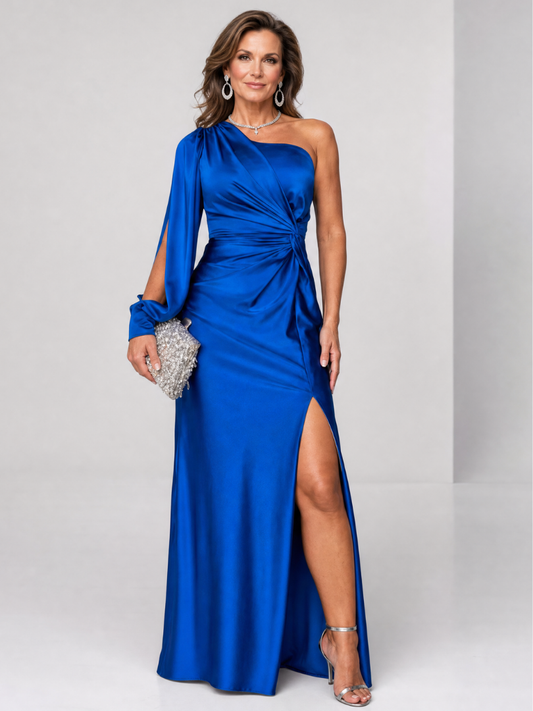 Elegant Satin Maxi Dress for Women with One Shoulder Long Sleeve Ruched Slit Formal Wedding Guest Style