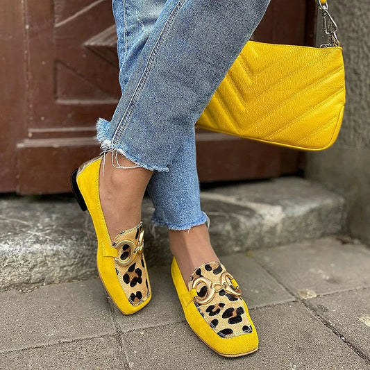 Elegant Yellow Leopard Print Suede Loafer for Women with Square Toe Horsebit Buckle Block Heel Style