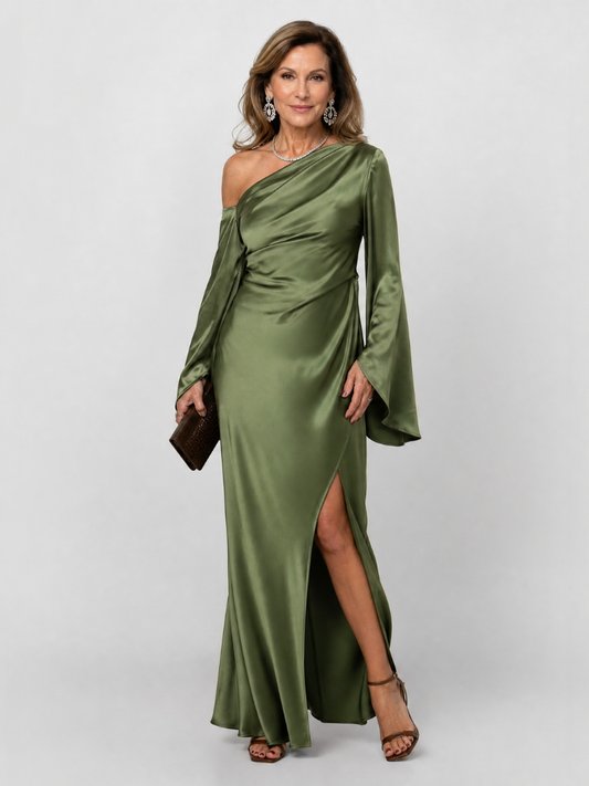 Elegant Green Satin Maxi Dress for Women with One Shoulder Bell Sleeve Draped High Slit Formal Wedding Guest Style