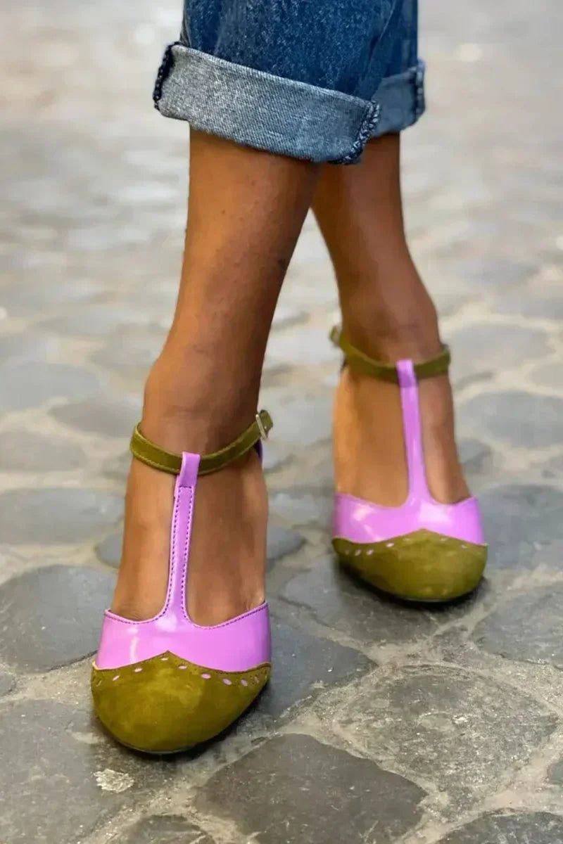 Elegant Colorblock T Strap Pump for Women with Round Toe Buckle Strap Perforated Block Heel Style