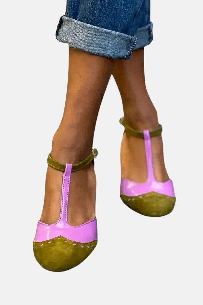 Elegant Colorblock T Strap Pump for Women with Round Toe Buckle Strap Perforated Block Heel Style