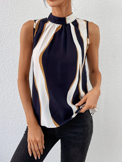 Elegant Multicolor Wavy Stripe Blouse for Women with Mock Neck Sleeveless Tie Back Silky Style
