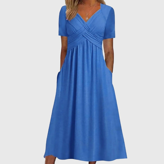 Elegant Wrap Midi Dress for Women with Sweetheart Neck Short Sleeve Crisscross Pleated Flowing Style