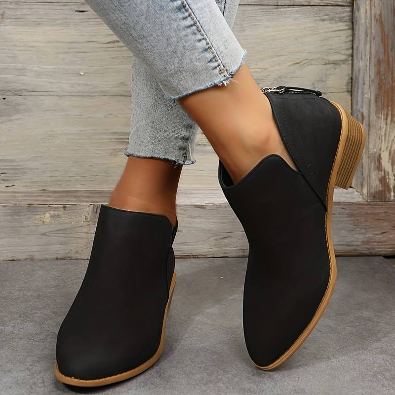 Elegant Olive Green Ankle Boots for Women with Pointed Toe Block Heel Zipper Western Style