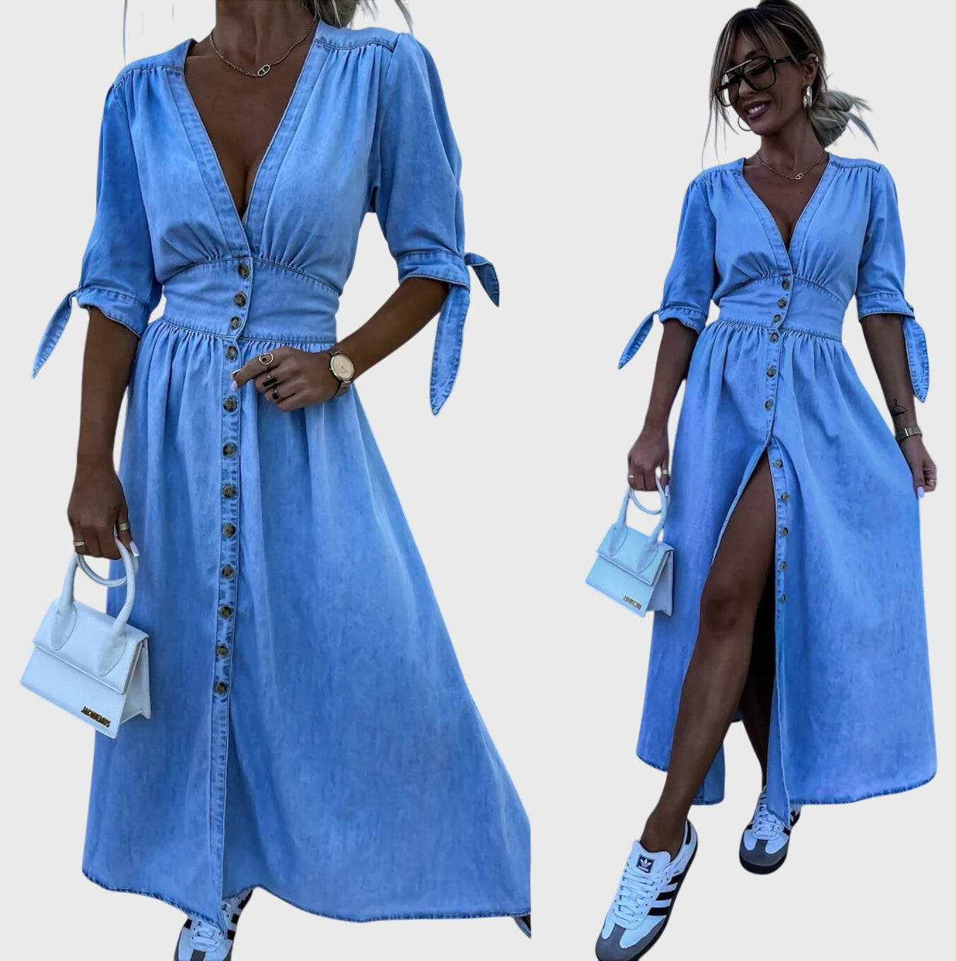 Effortless Denim Maxi Dress for Women with V Neck Elbow Sleeve Button Front Flowing Casual Style