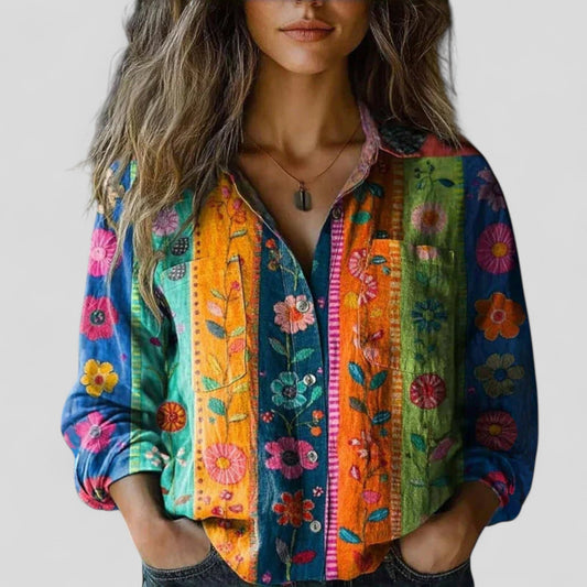Effortless Patchwork Floral Blouse for Women with Collar Long Sleeve Button Front Bohemian Style