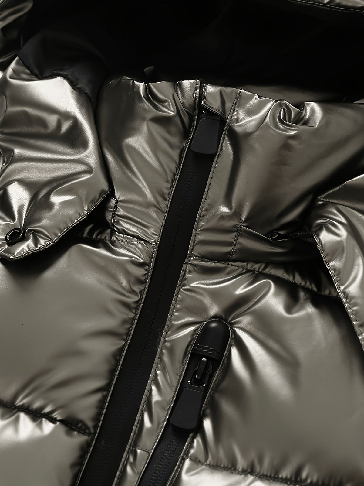 Refined Metallic Puffer Ski Jacket for Women with Hooded Collar Long Sleeve Belted Zip Pocket Daily Style