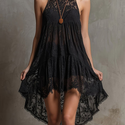 Elegant Black Lace Mini Dress for Women with Halter Neck Sleeveless Tiered Asymmetrical Hem Bohemian Style