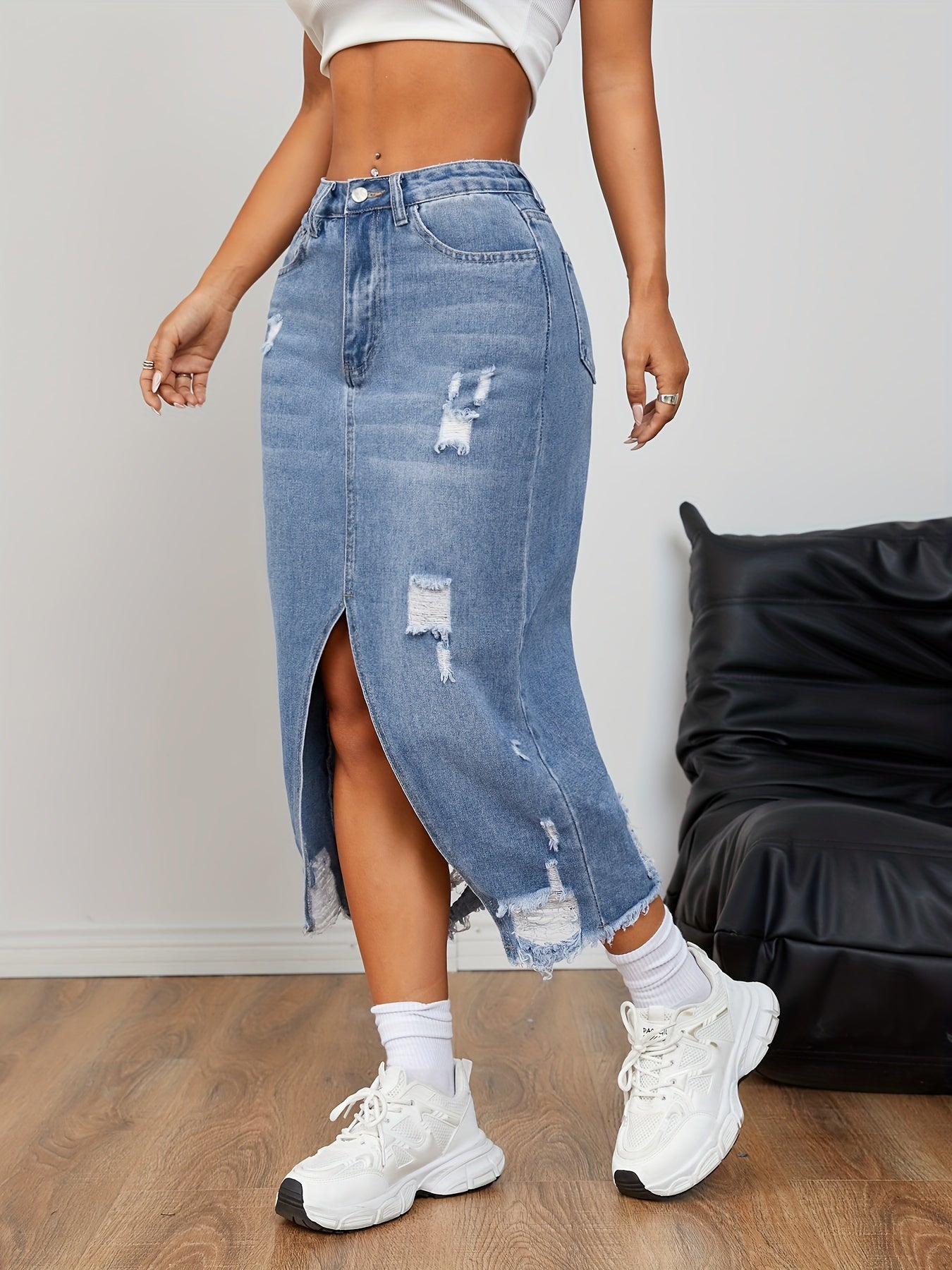 Effortless Medium Blue Denim Midi Skirt for Women with High Waist Front Slit Distressed Frayed Style