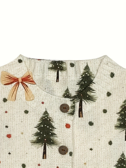 Easy Bow Print Christmas Sweater for Women with V Neck Long Sleeve Button Down Relaxed Knit Style