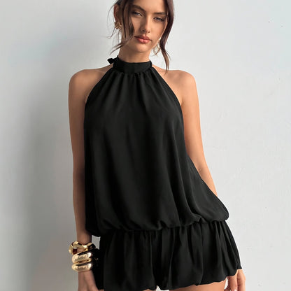 Elegant Black Halter Jumpsuit for Women with High Neck Sleeveless Ruffle Hem Cocktail Style
