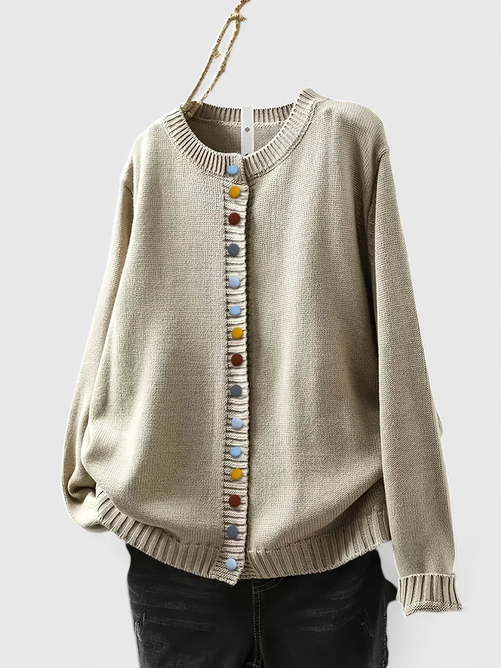 Warm Knit Cardigan for Women with Crew Neck Button Front Long Sleeve Ribbed Knit Easy Style