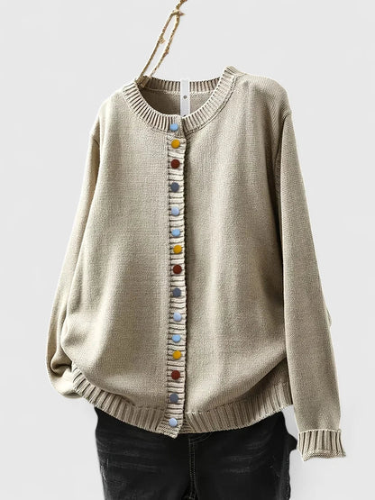 Warm Knit Cardigan for Women with Crew Neck Button Front Long Sleeve Ribbed Knit Easy Style