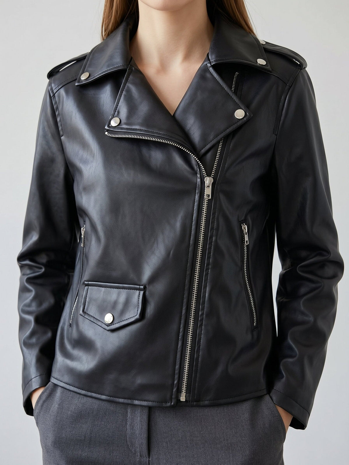 Bold Black Faux Leather Moto Jacket for Women with Notched Lapel Asymmetrical Zip Ribbed Biker Style