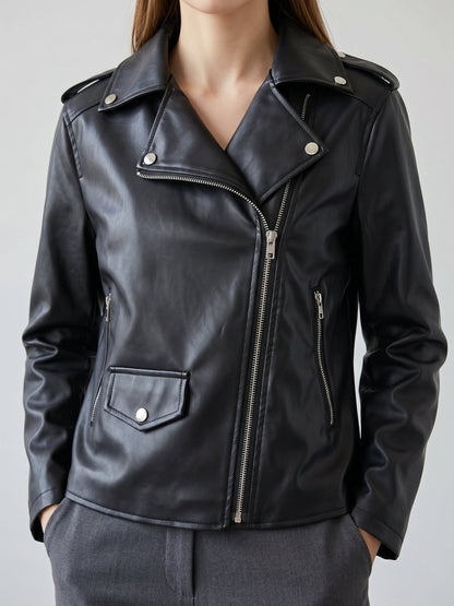 Bold Black Faux Leather Moto Jacket for Women with Notched Lapel Asymmetrical Zip Ribbed Biker Style