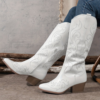 Modern White Western Boots for Women with Embroidered Shaft Block Heel Tall Cowboy Style
