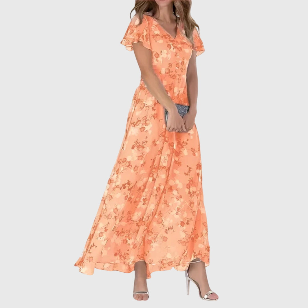 Effortless Floral Maxi Dress for Women with V Neck Flutter Sleeve Flowing Wedding Guest Style