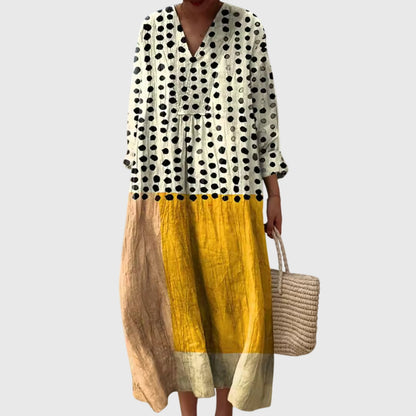 Effortless Patchwork Print Linen Maxi Dress for Women with V Neck Long Sleeve Relaxed Flowing Bohemian Style