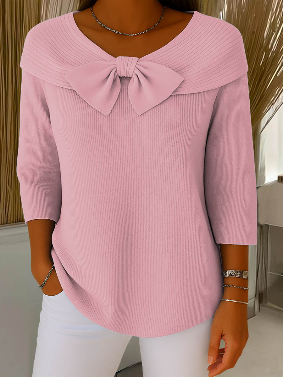 Elegant Bow Collar Sweater for Women with V Neck Elbow Sleeve Ribbed Knit Relaxed Style