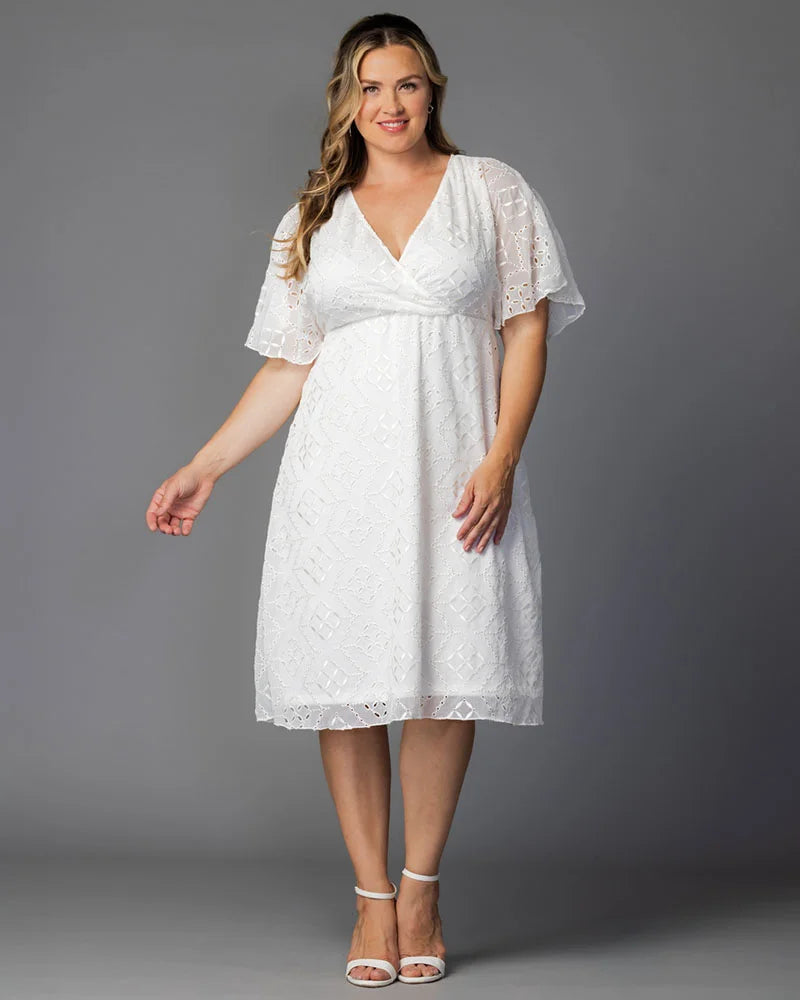 Stylish White Cocktail Dress for Women with V Neck Flutter Sleeve Eyelet Flared Midi Occasion Style