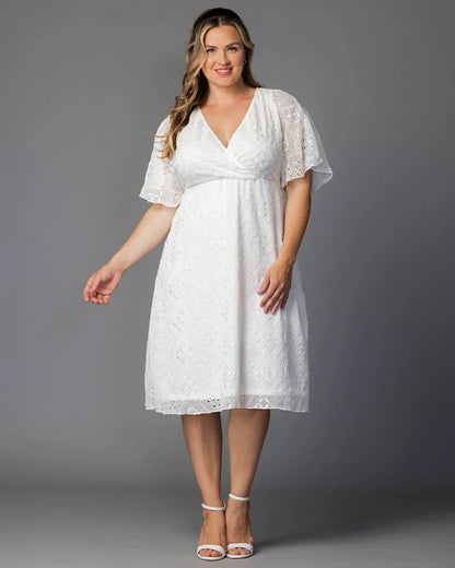 Stylish White Cocktail Dress for Women with V Neck Flutter Sleeve Eyelet Flared Midi Occasion Style