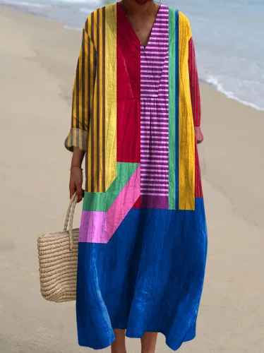 Effortless Patchwork Striped Linen Maxi Dress for Women with V Neck Long Sleeve Kaftan Flowing Bohemian Style