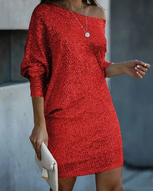 Elegant Sequin Cocktail Dress for Women with One Shoulder Batwing Sleeve Bodycon Sparkle Formal Party Style