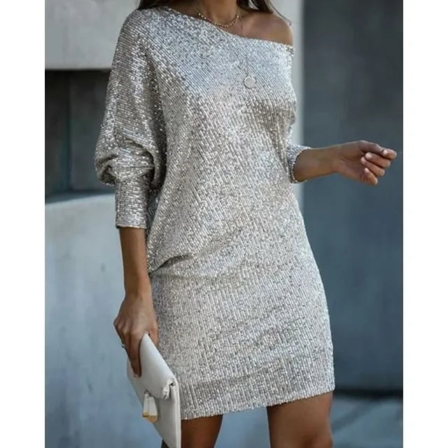 Elegant Sequin Cocktail Dress for Women with One Shoulder Batwing Sleeve Bodycon Sparkle Formal Party Style
