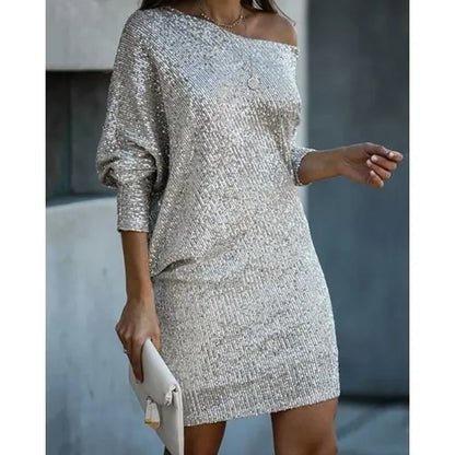Elegant Sequin Cocktail Dress for Women with One Shoulder Batwing Sleeve Bodycon Sparkle Formal Party Style