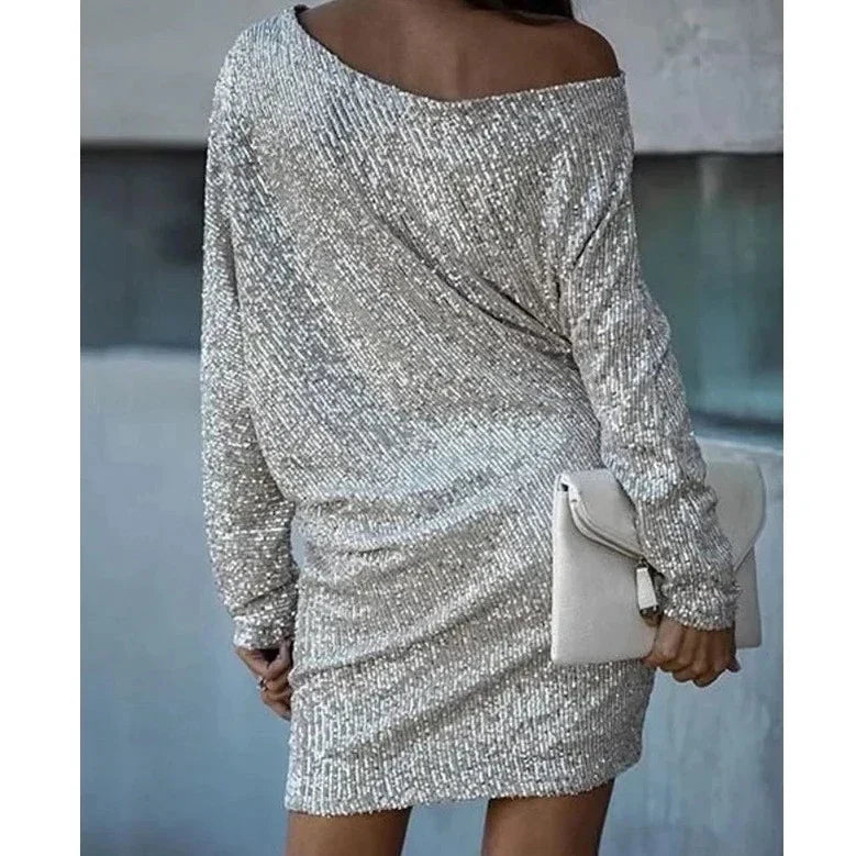 Elegant Sequin Cocktail Dress for Women with One Shoulder Batwing Sleeve Bodycon Sparkle Formal Party Style