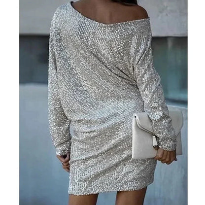 Elegant Sequin Cocktail Dress for Women with One Shoulder Batwing Sleeve Bodycon Sparkle Formal Party Style