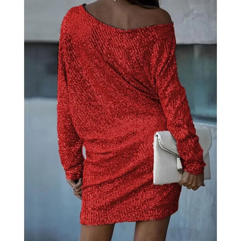 Elegant Sequin Cocktail Dress for Women with One Shoulder Batwing Sleeve Bodycon Sparkle Formal Party Style