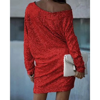 Elegant Sequin Cocktail Dress for Women with One Shoulder Batwing Sleeve Bodycon Sparkle Formal Party Style