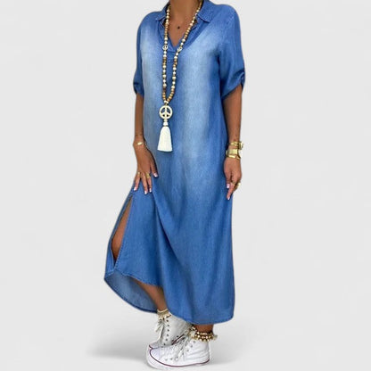 Effortless Blue Denim Maxi Dress for Women with Collar Elbow Sleeve High Low Hem Bohemian Style