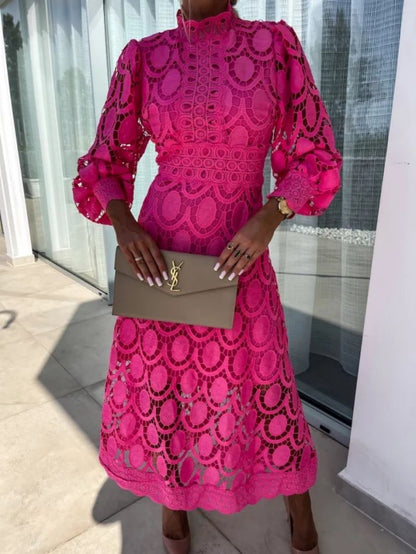 Elegant Crochet Lace Midi Dress for Women with High Neck Bishop Sleeve Scalloped Hem Wedding Guest Style