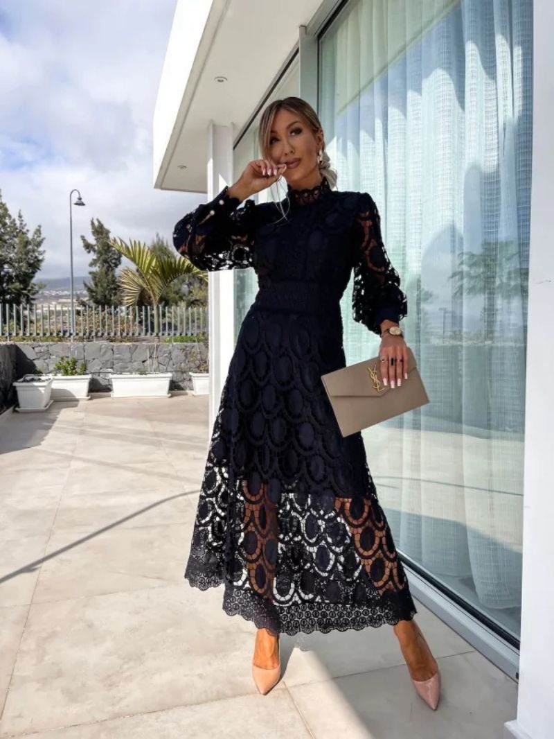 Elegant Crochet Lace Midi Dress for Women with High Neck Bishop Sleeve Scalloped Hem Wedding Guest Style