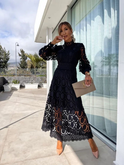 Elegant Crochet Lace Midi Dress for Women with High Neck Bishop Sleeve Scalloped Hem Wedding Guest Style