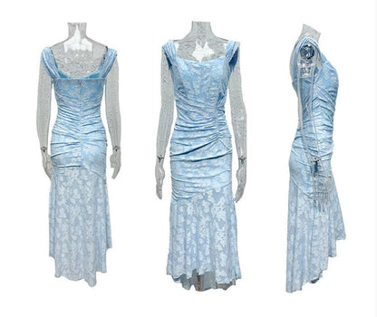 Elegant Floral Lace Mermaid Dress for Women with Square Neck Sleeveless Corset Ruched High Low Style
