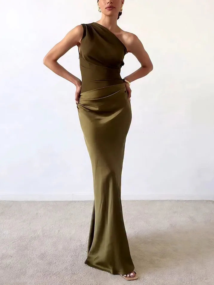 Elegant Satin Maxi Dress for Women with One Shoulder Ruched Draped Mermaid Formal Wedding Guest Style