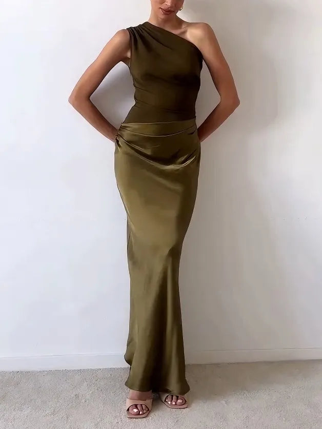 Elegant Satin Maxi Dress for Women with One Shoulder Ruched Draped Mermaid Formal Wedding Guest Style