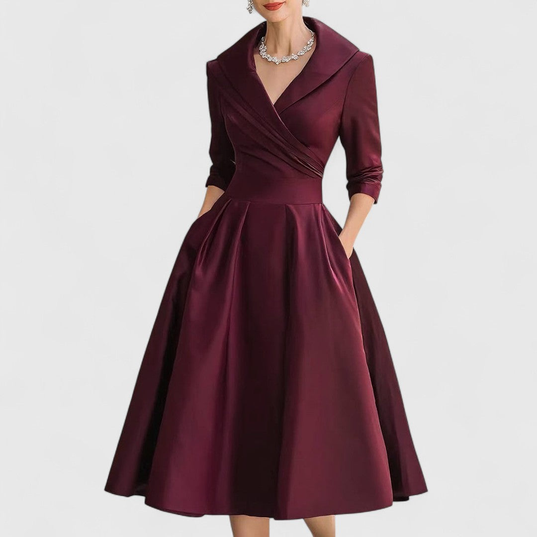 Elegant Satin Midi Dress for Women with Shawl Collar Wrap Front Elbow Sleeve Pleated Flowing Style