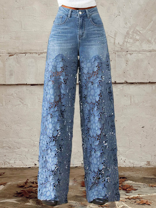 Elegant Blue Wide Leg Jeans for Women with High Waist Floral Crochet Lace Overlay Boho Style
