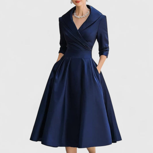 Elegant Satin Midi Dress for Women with Shawl Collar Wrap Front Elbow Sleeve Pleated Flowing Style